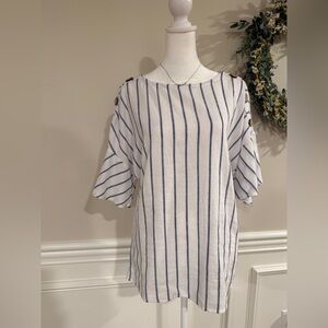 Ellen Tracy Top XS  White w Blue Striped Linen Blend Bell Sleeve NWT